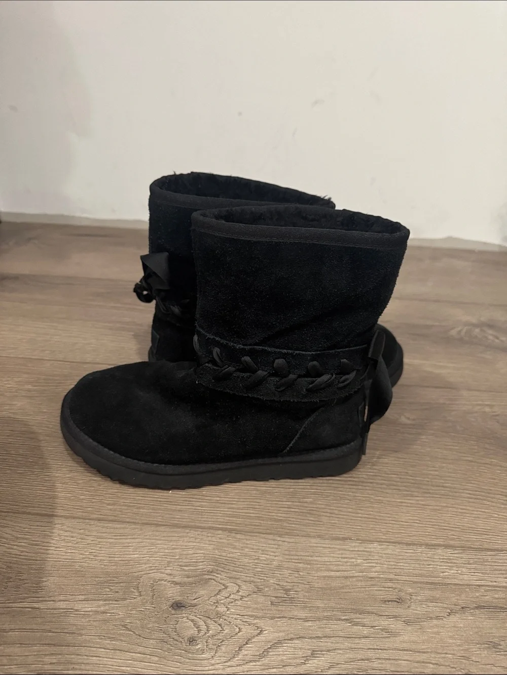 UGG Black Suede Girls Winter Boots with Braided Trim